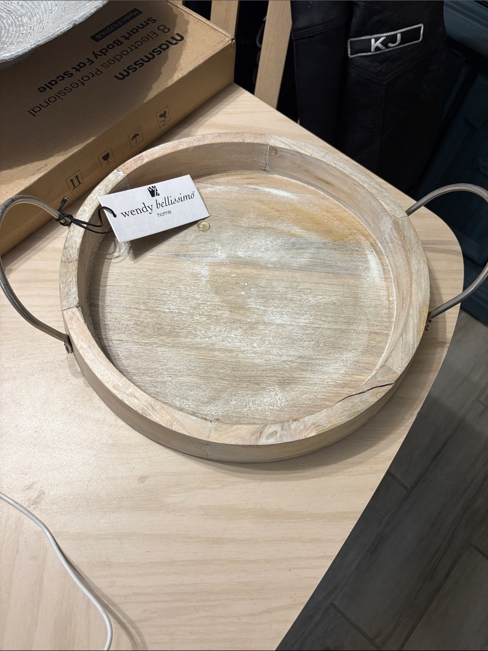 Wendy  Bellissimo Natural Whitewashed Wood Round Tray with Metal Handles